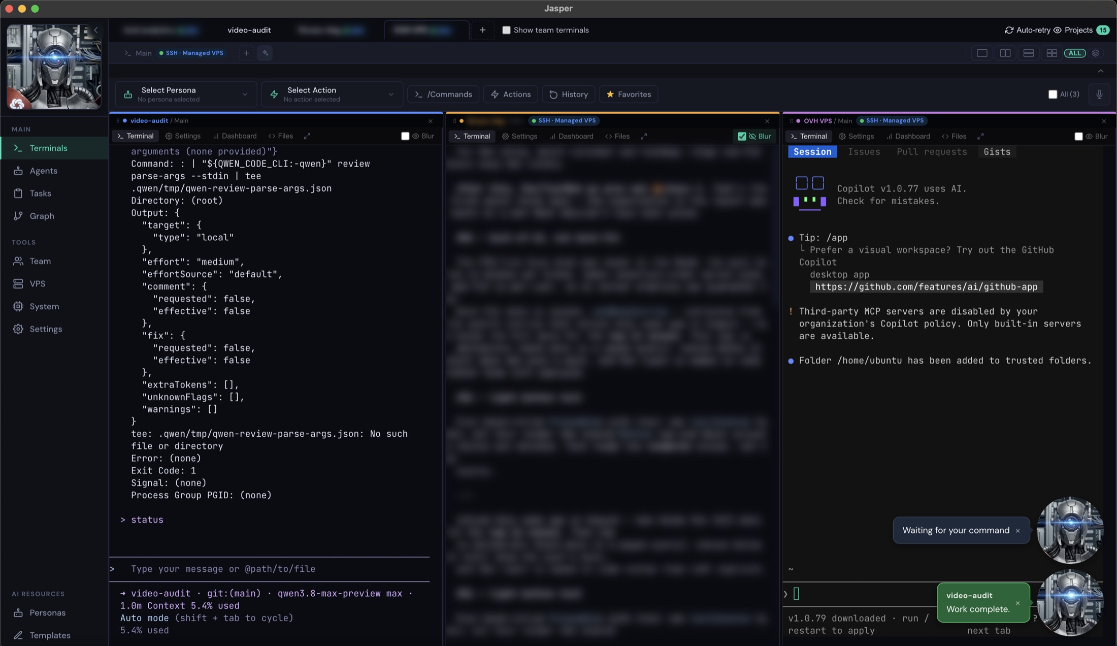 Jasper running three terminal panes side by side — two connected over SSH to a managed VPS — with the persona and action bar above them and a completion toast from Jasper.